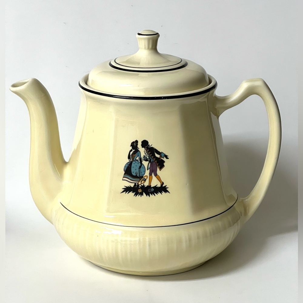 VTG Porcelier Vitreous China Teapot Light Yellow Black Silhouette Man Woman 8 in